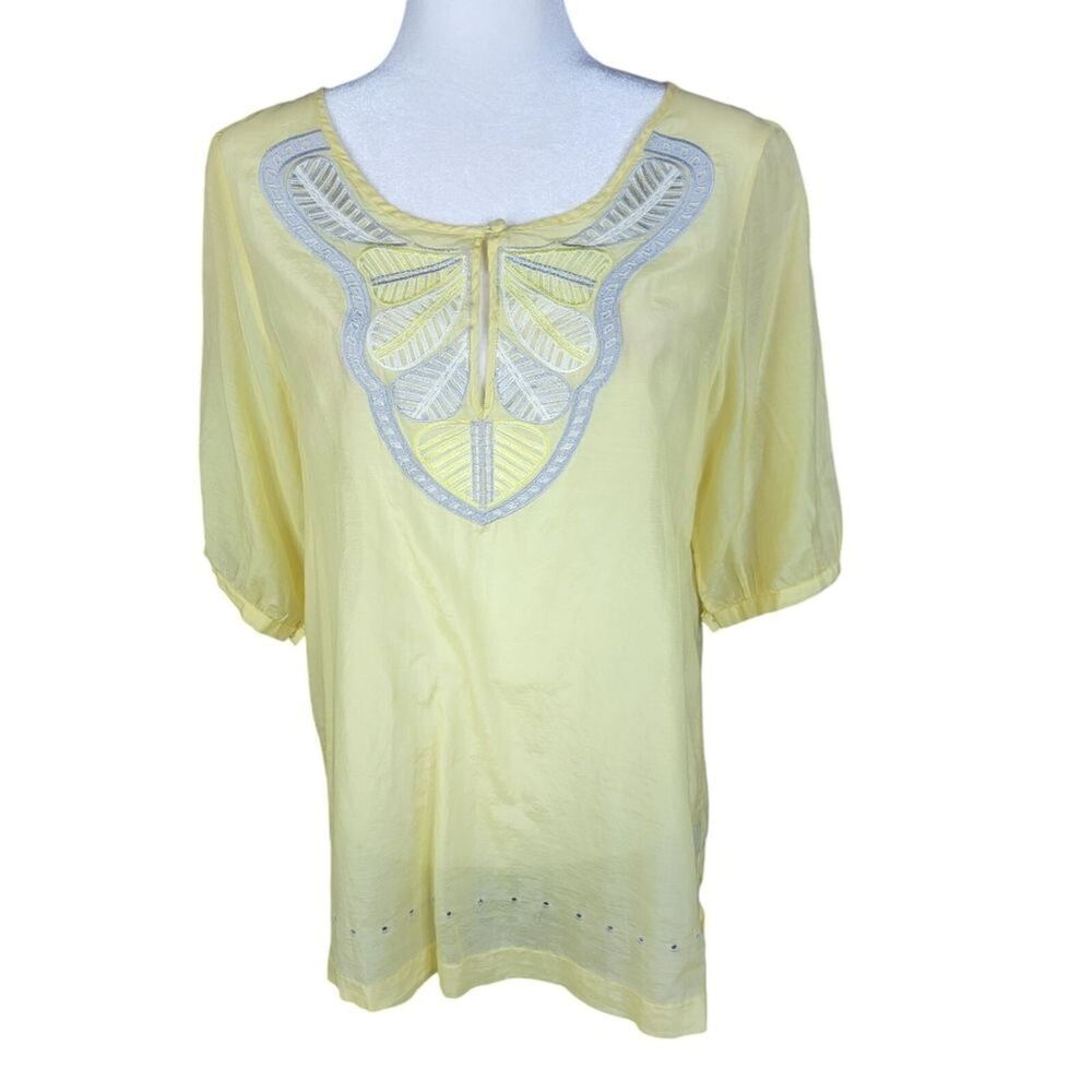 BCBGMaxAzria Blouse M Silk Cotton Yellow Semi Sheer  Embroidered Tunic Lightweig